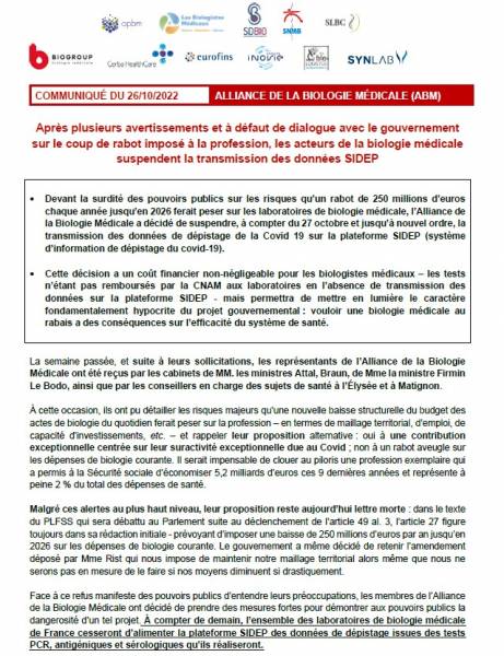 COMMUNIQUÉ DU 26/10/2022 : ALLIANCE DE LA BIOLOGIE MÉDICALE (ABM)
